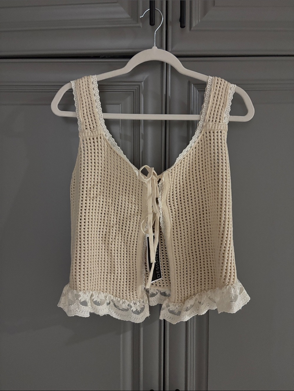Tie-Front Crochet Crop Top - Cream